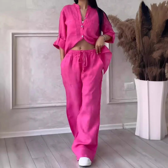 Damen Weite Leinenmix-Hose mit hohem Elastikbund, Kordelzug und Palazzo-Silhouette Nord Taschen