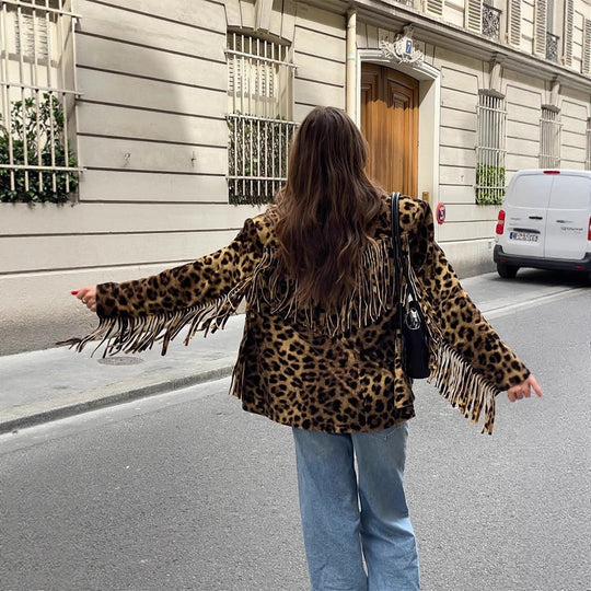 Damen Kurzer Kunstfell-Blouson mit Leopardenprint und Fransen Nord Taschen