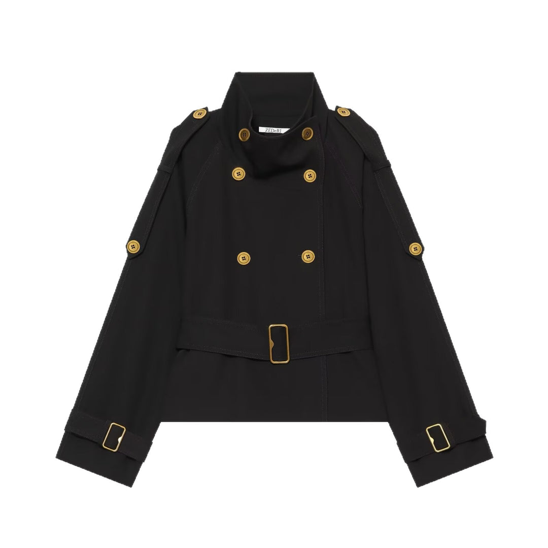 Damen Kurzer doppeltreihiger Trench‑Cape mit Schulterklappen und Taillengürtel Nord Taschen