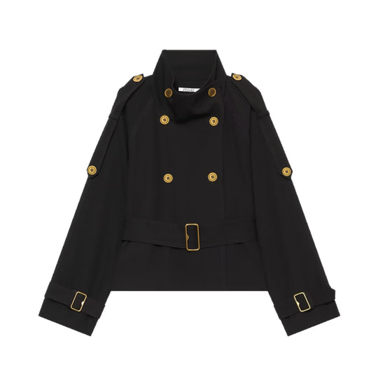 Damen Kurzer doppeltreihiger Trench‑Cape mit Schulterklappen und Taillengürtel Nord Taschen