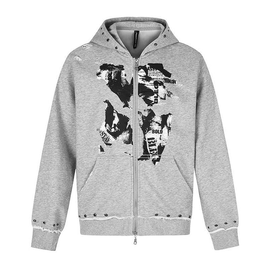 Damen Kapuzen-Sweatjacke mit zweiseitigem Reißverschluss, ausgefranstem Saum, Nietenbesatz und Collage-Print Nord Taschen