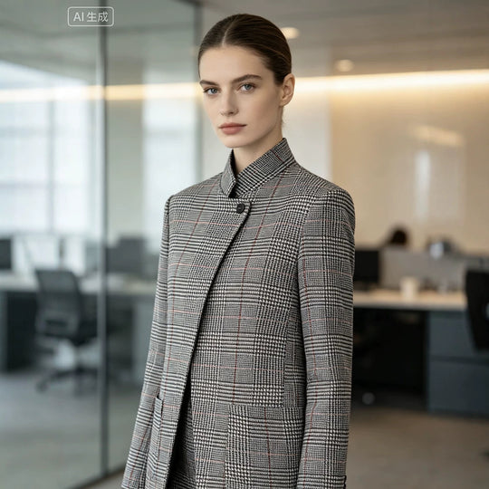 Damen Glencheck-Kurzblazer im Boxy-Schnitt mit Stehkragen und verdeckter Knopfleiste Nord Taschen
