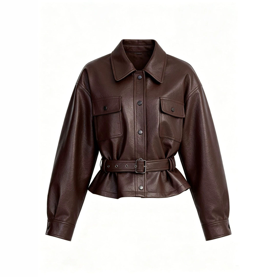 Damen Lederjacke mit Taillengürtel und Oversized-Schnitt Nord Taschen