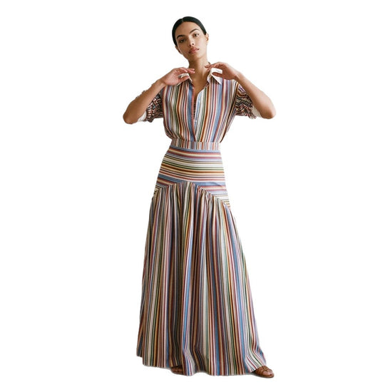 Damen Maxikleid mit Hemdkragen, tailliertem Bund & mehrlagigem Stufenrock Nord Taschen