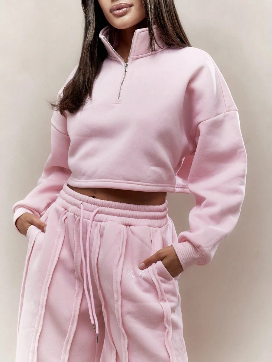 Damen Crop-Halbzip-Sweatshirt und High-Waist Wide-Leg Loungehose Set mit sichtbaren Naht-Details Nord Taschen