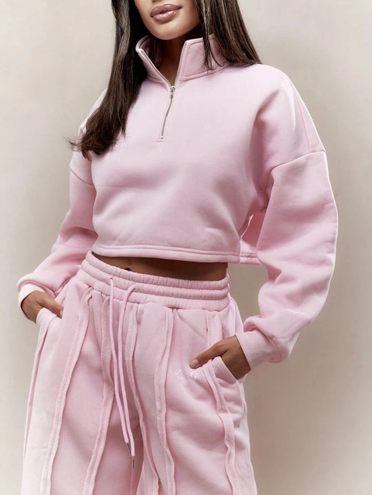 Damen Crop-Halbzip-Sweatshirt und High-Waist Wide-Leg Loungehose Set mit sichtbaren Naht-Details Nord Taschen
