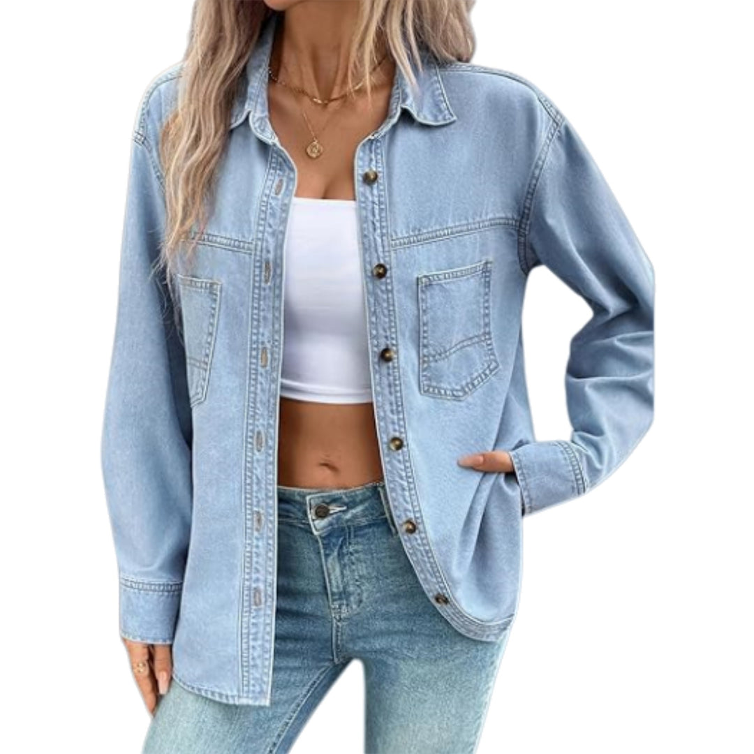 Damen Oversize Jeanshemdjacke im Washed-Look mit Brusttaschen und durchgehender Knopfleiste Nord Taschen