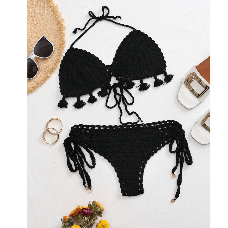 Damen Häkel-Bikini-Set mit fransigen Akzenten und verstellbaren Trägern
