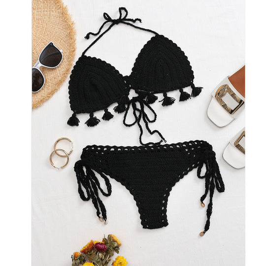 Damen Häkel-Bikini-Set mit fransigen Akzenten und verstellbaren Trägern