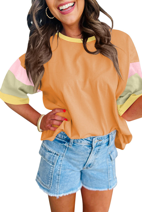 Damen lässiges T-Shirt mit farbenfrohen Ärmeln und weitem Schnitt
