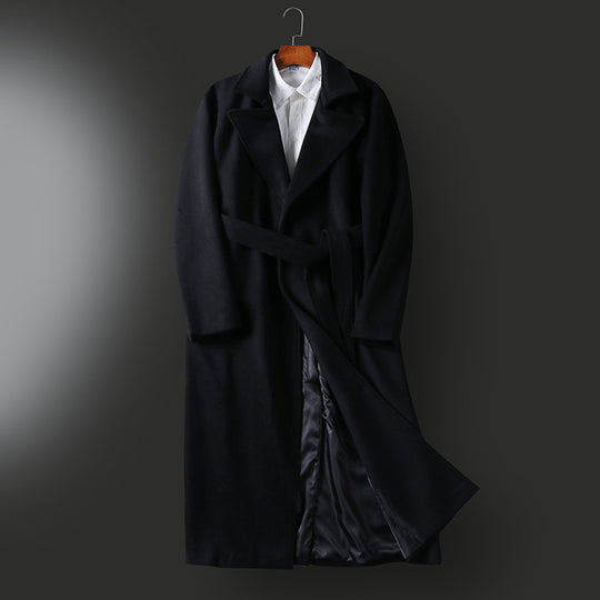 Herren Maxilanger taillierter Wollmix-Mantel mit weitem Schalkragen und Bindegürtel Nord Taschen