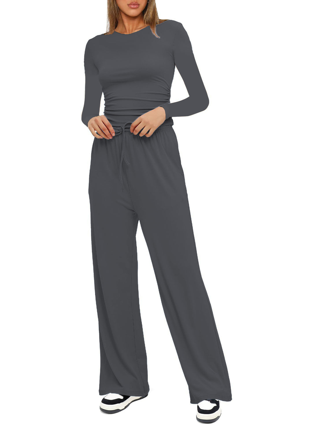 Damen Figurbetontes Longsleeve mit seitlicher Raffung und High-Waist Palazzo-Jogginghose Set Nord Taschen