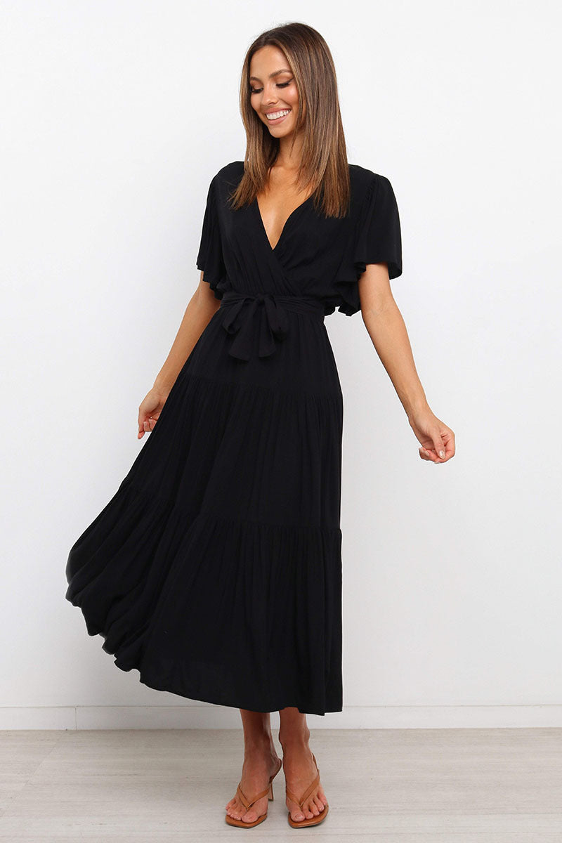 Damen Maxikleid mit tiefem V-Ausschnitt und schwingenden Ärmeln