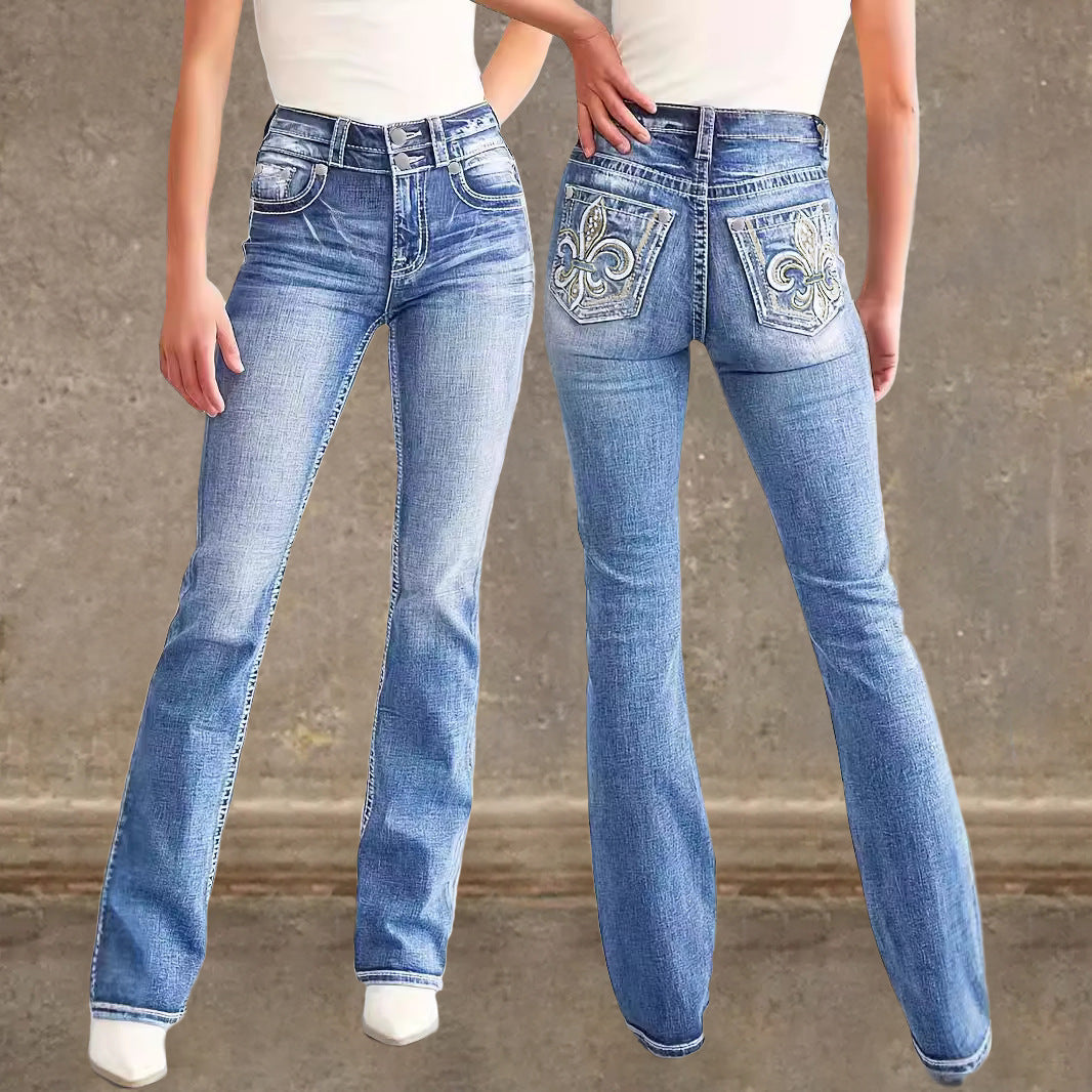 Damen Flared Jeans im Vintage-Stil mit hochgradigem Detail und raffinierten Stickereien