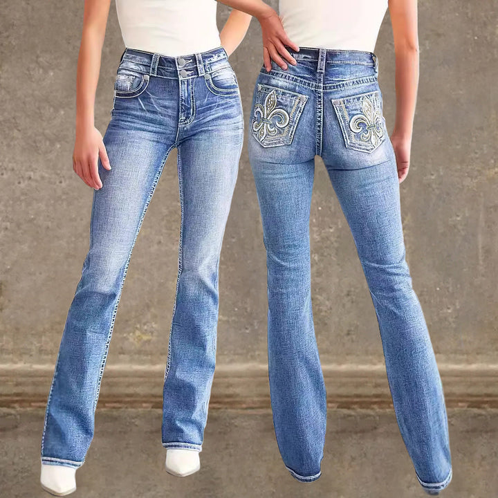 Damen Flared Jeans im Vintage-Stil mit hochgradigem Detail und raffinierten Stickereien