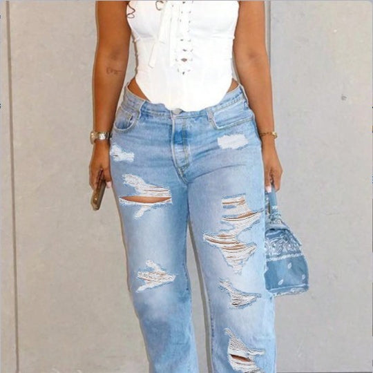 Damen Hochtaillierte Relaxed-Fit Straight-Jeans mit ausgeprägten Destroyed-Details Nord Taschen
