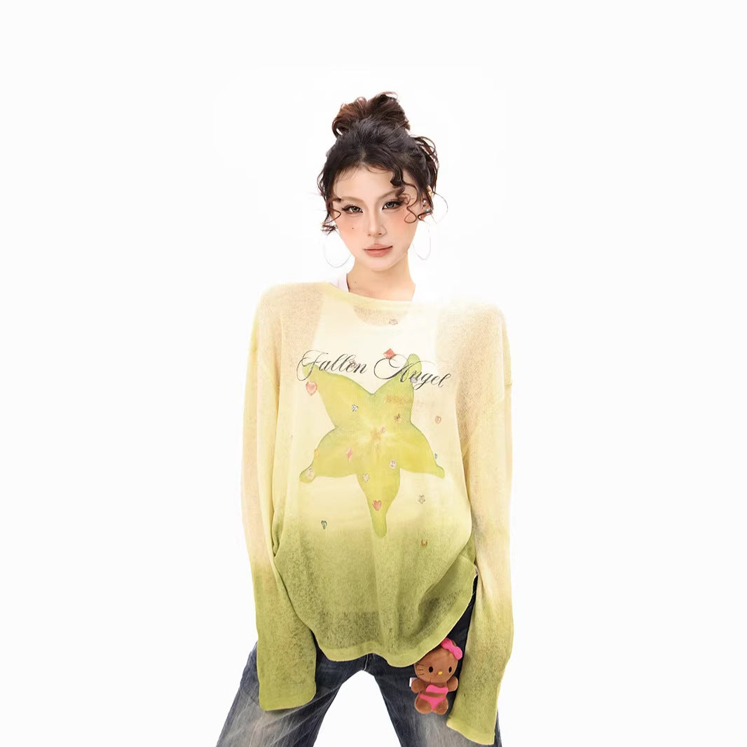 Damen Langarmshirt aus weichem Feinstrick mit Dip-Dye‑Gradient und Sternblüten‑Print Nord Taschen