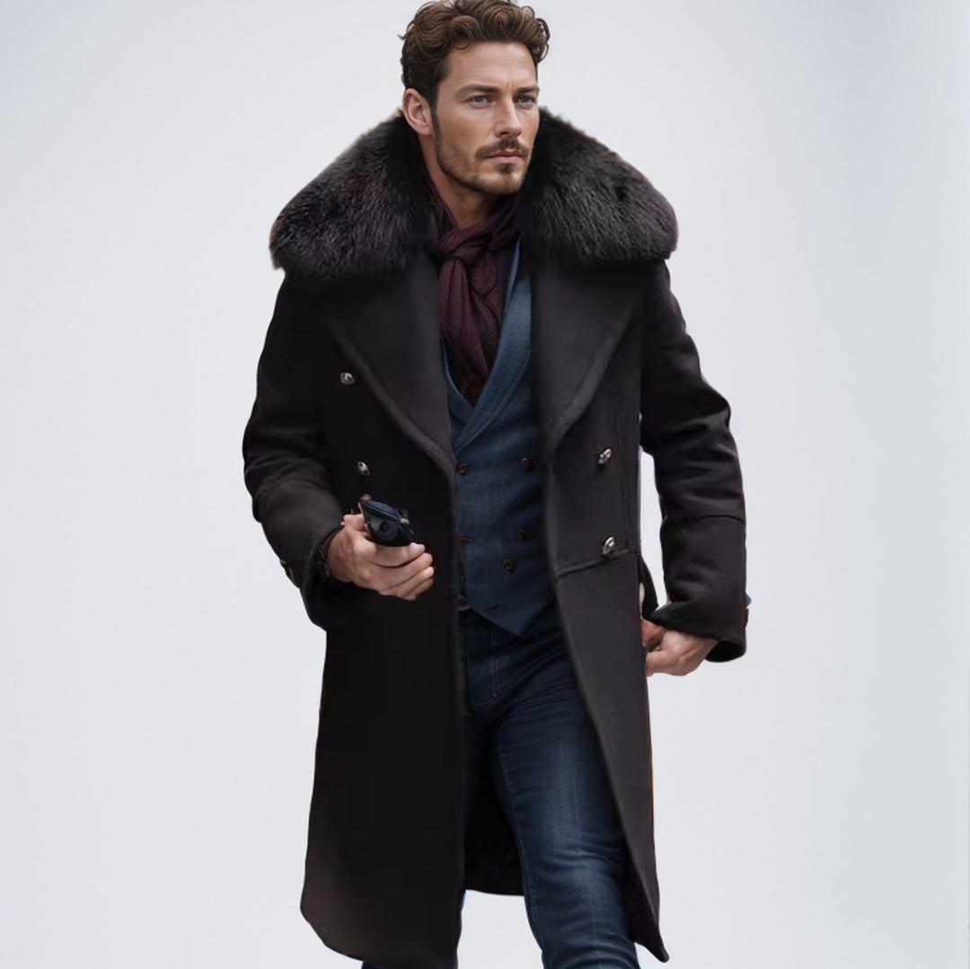 Herren Doppelreihiger Wollübermantel mit voluminösem Schafsfellkragen und goldenen Zierknöpfen Nord Taschen