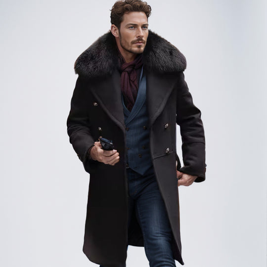 Herren Doppelreihiger Wollübermantel mit voluminösem Schafsfellkragen und goldenen Zierknöpfen Nord Taschen