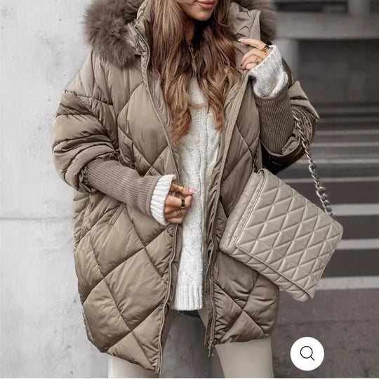 Damen langer gesteppter Winterparka mit großer Kapuze und Kunstfellbesatz Nord Taschen