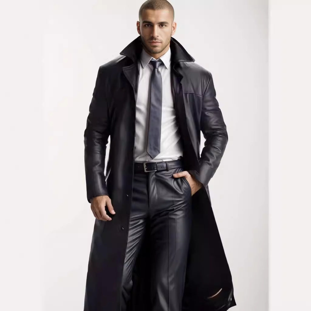 Herren Langer Ledermantel im Trench-Stil mit schmaler Silhouette und Stehkragen Nord Taschen