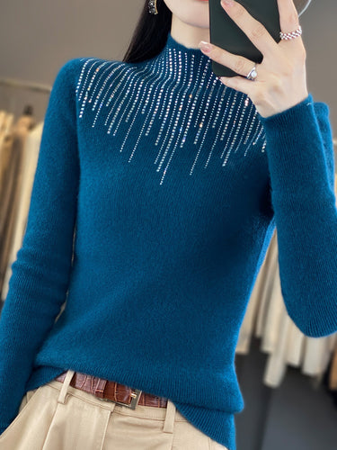Damen Kaschmir‑Optik Mockneck-Pullover mit funkelnder Strasskaskade Nord Taschen