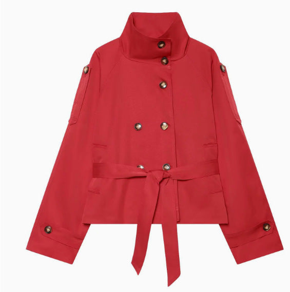 Damen 10+ Cropped Doppelreihige Kurzjacke mit Stehkragen und Taillengürtel Nord Taschen