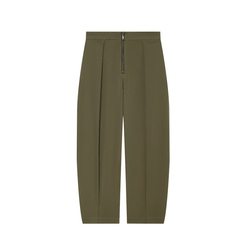 Damen weite Cropped-Hose mit hoher Taille, Kellerfalten und sichtbarem Frontreißverschluss Nord Taschen