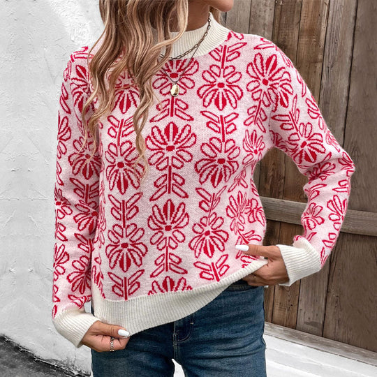 Damen Gestrickter Jacquard-Pullover mit floralem Muster und Rippbündchen Nord Taschen
