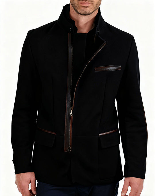 Herren Lederjacke mit hohem Stehkragen und asymmetrischem Zweiwege-Reißverschluss Nord Taschen