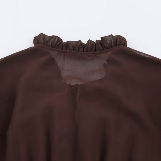 Damen verspieltes Midi-Tiered-Kleid mit Rüschenkragen, Bindeband und Volantstufen Nord Taschen