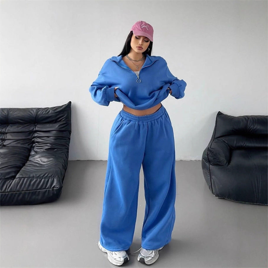Damen Samt-Cropped-Ziphoodie und weit geschnittene High-Waist Palazzo-Jogginghose Nord Taschen