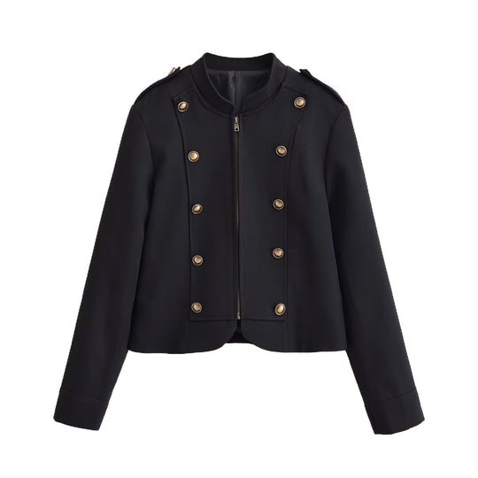 Damen Kurze Militärjacke mit Stehkragen und doppelter Zierknopfleiste Nord Taschen