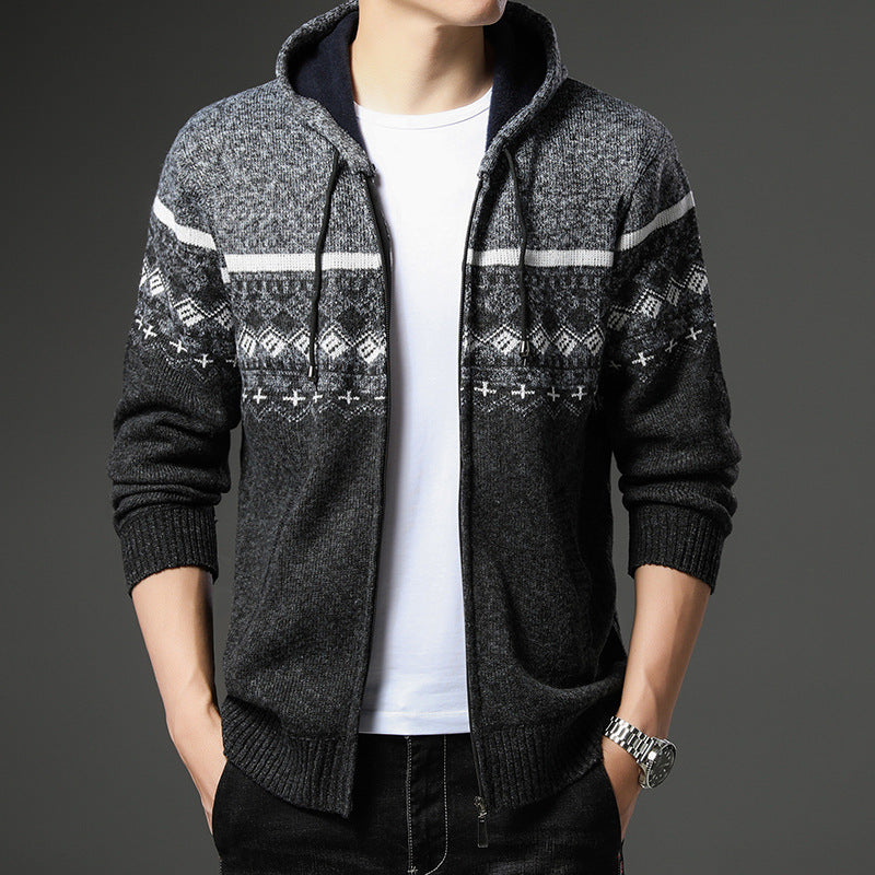 Herren Strick-Zip-Hoodie mit Norwegermuster, Kapuze und Eingrifftaschen Nord Taschen