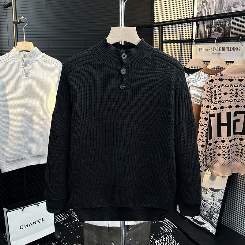Herren Grobstrick-Pullover mit halber Knopfleiste und hohem Stehkragen Nord Taschen