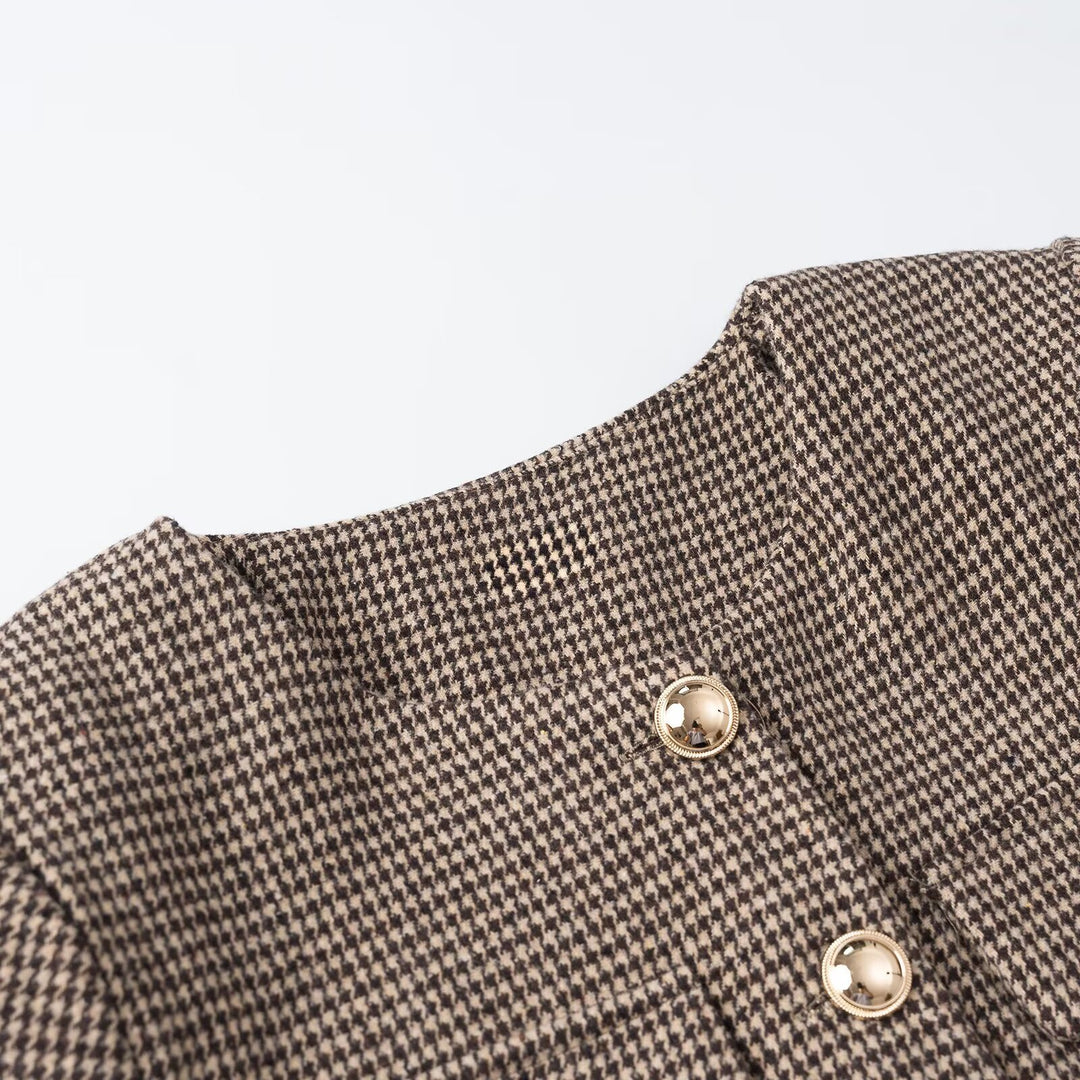 Damen Kurze Bouclé‑Jacke im Hahnentritt‑Look mit Rundhals und Zierknopfleiste Nord Taschen