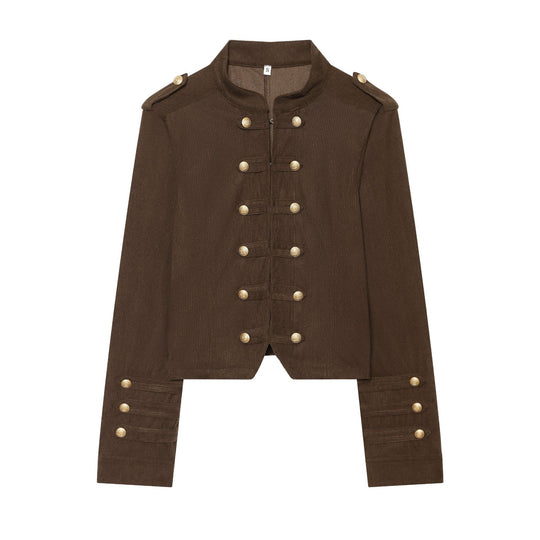 Damen Cropped Militärjacke mit Stehkragen, Epauletten und Zierknopfleiste Nord Taschen