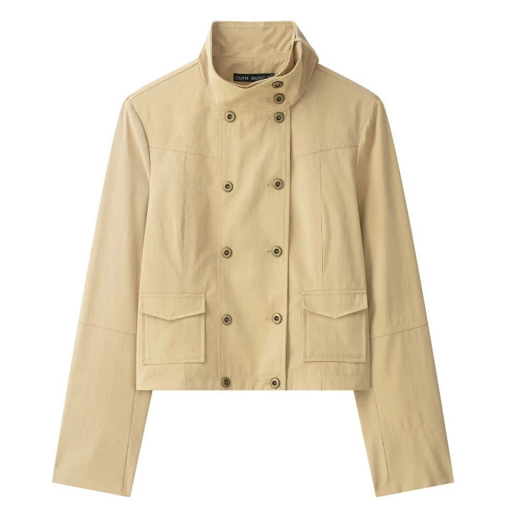 Damen Cropped Doppelreihige Kurzjacke im Blousonstil mit Stehkragen und Pattentaschen Nord Taschen