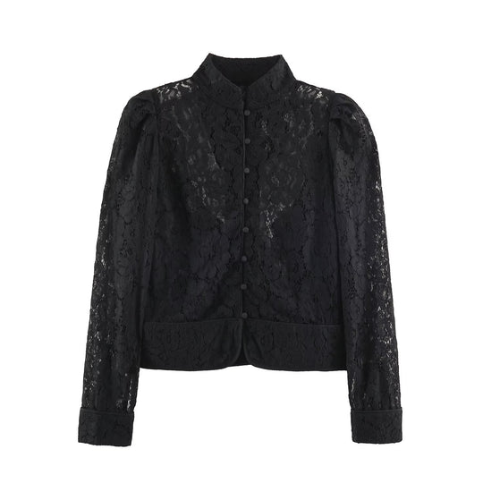 Damen Transparente Spitzenbluse mit Stehkragen, Puffärmeln und Manschetten Nord Taschen