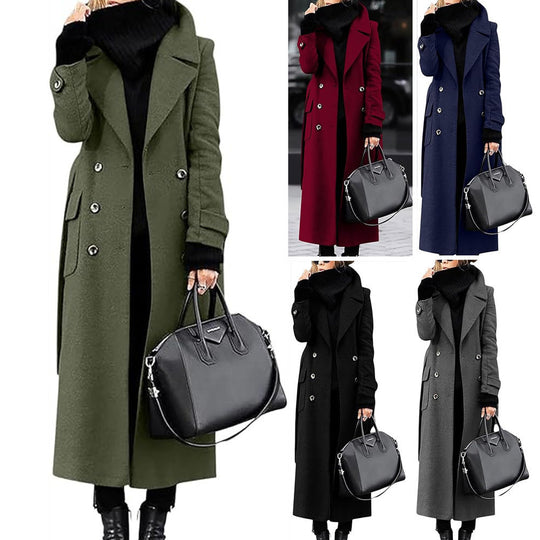 Damen Doppelreihiger Wollmix-Maximantel mit breitem Revers und Pattentaschen Nord Taschen