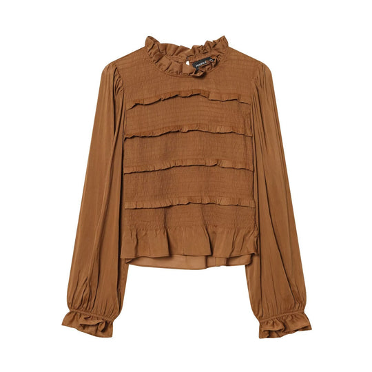 Damen Rüschenbluse mit smock‑Tiers, Stehkragen und weiten Ballonärmeln Nord Taschen