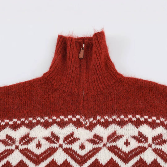 Damen Norwegermuster Strickpullover mit halbem Reißverschluss und Stehkragen Nord Taschen