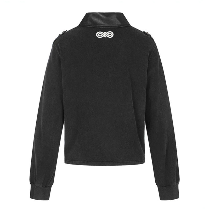 Damen Pullover im Military-Style mit Polokragen, dekorativen Frogging‑Applikationen und Epauletten Nord Taschen