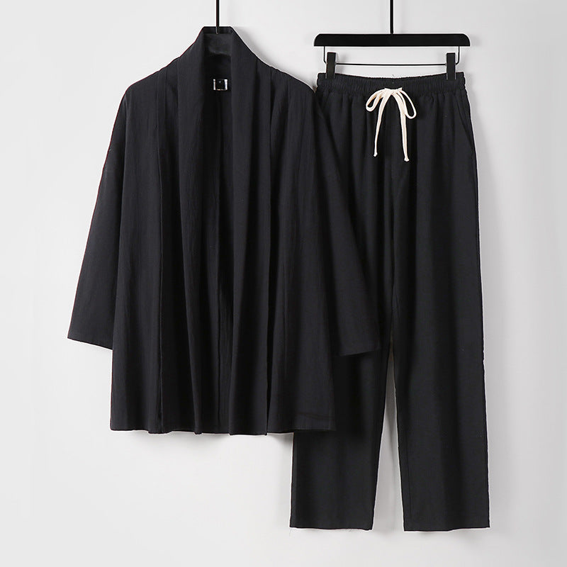 Unisex Lässiges Kimono-Zweiteiler aus atmungsaktivem Leinen-Viskose mit offenem Schalkragen und Kordelbundhose Nord Taschen