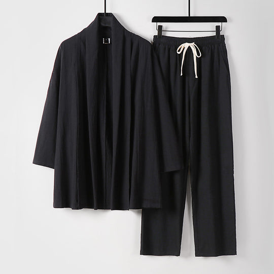 Unisex Lässiges Kimono-Zweiteiler aus atmungsaktivem Leinen-Viskose mit offenem Schalkragen und Kordelbundhose Nord Taschen
