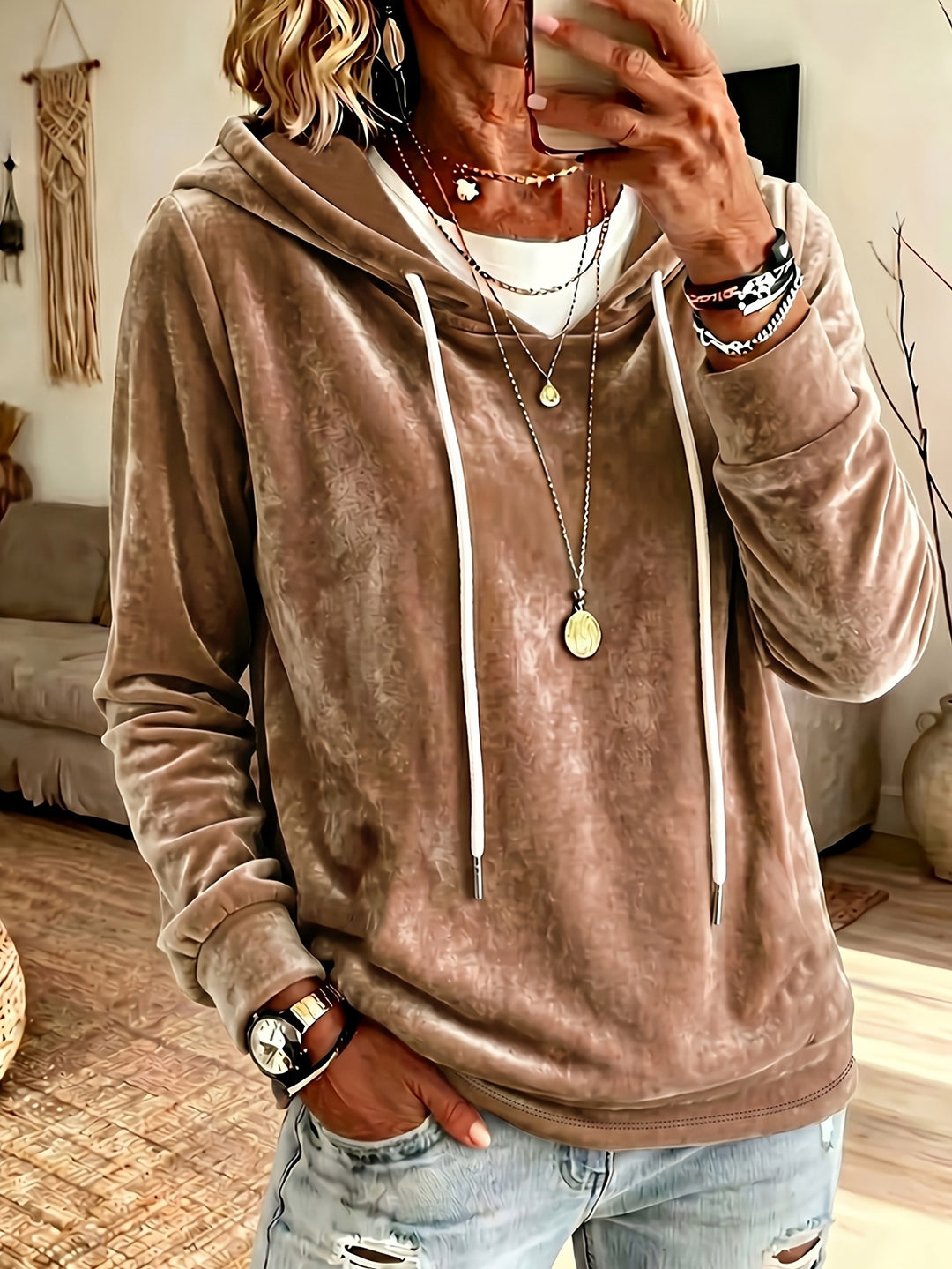 Damen Samt-Kapuzenpullover mit Relaxed-Fit und Kordelzug Nord Taschen