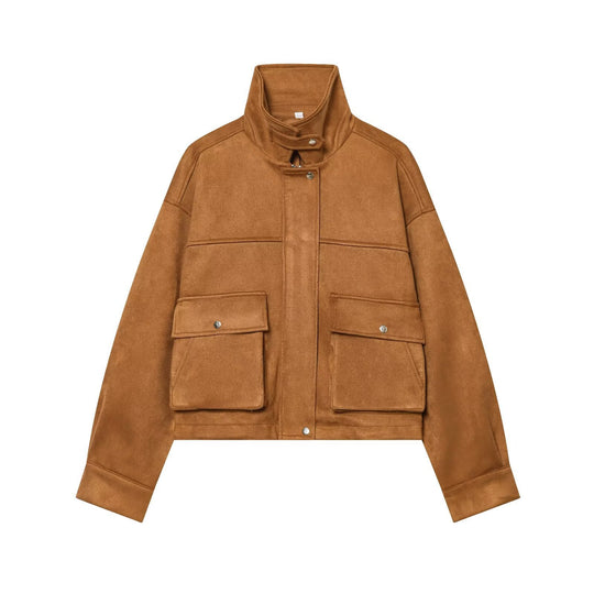 Damen Kurze Boxy-Jacke in Wildlederoptik mit Funnelkragen und großen Klappentaschen Nord Taschen