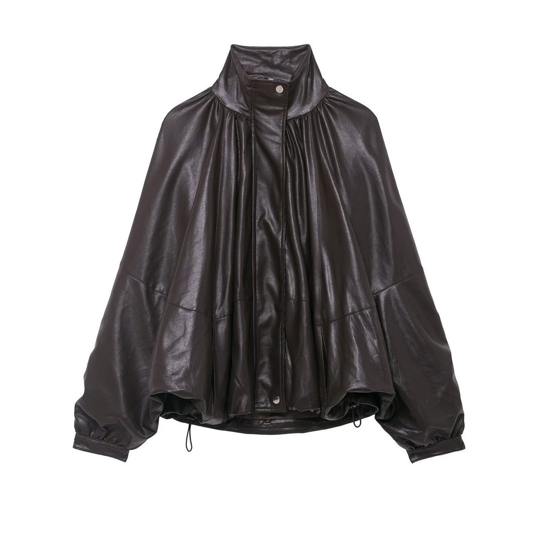 Damen Voluminöse Kunstleder-Capejacke mit hohem Stehkragen und Kordelzug Nord Taschen