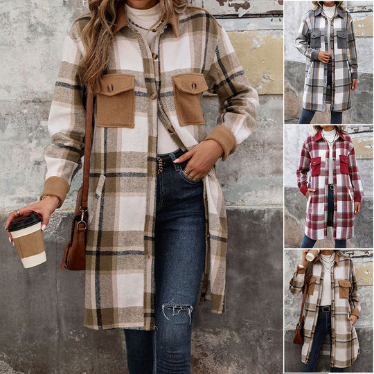 Damen Lange Überwurfjacke im karierten Flanell‑Look mit aufgesetzten Pattentaschen Nord Taschen