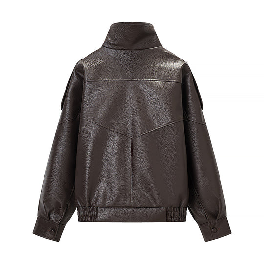 Damen Oversized Kunstlederjacke mit hohem Stehkragen, asymmetrischer Knopfleiste und elastischem Saum Nord Taschen